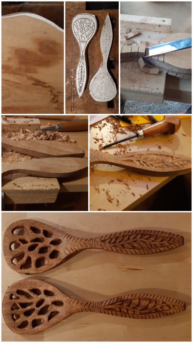 Etapes de sculpture d'une cuillère en bois de Hêtre.