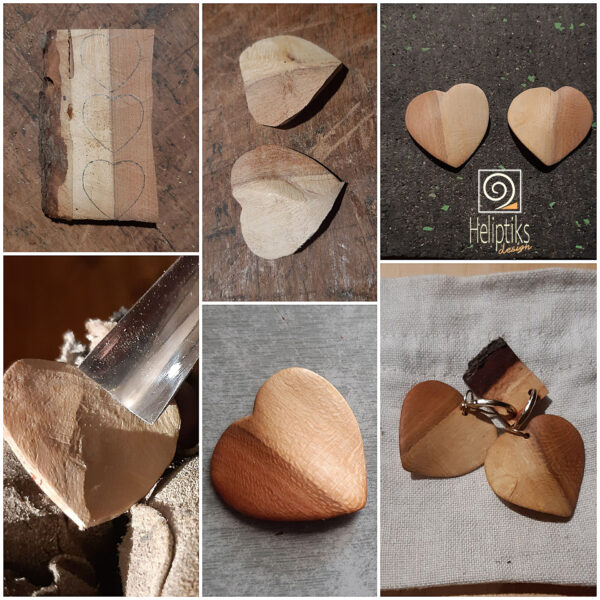 Processus de création d'un bijoux en bois de cerisier en forme de coeur.